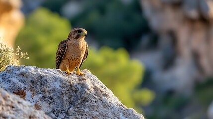 Poster - Majestic Hawk Perched on a Rock with Nature Background in Soft Focus : Generative AI