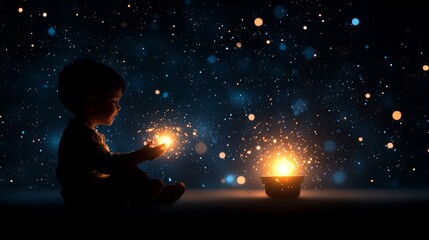 Wall Mural - a little boy sitting in front of a lit candle