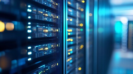 Poster - Futuristic data center servers illuminated with blue lights showcasing modern technology and connectivity : Generative AI