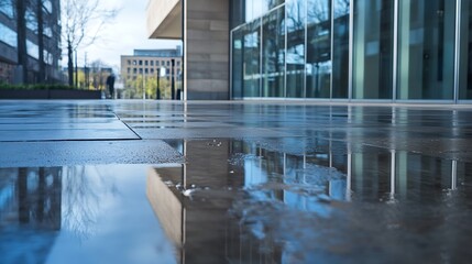 Poster - Reflections on fresh wet pavement in an urban area showcasing modern architecture and clear skies : Generative AI