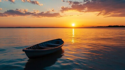 Aufkleber - Charming wooden boat anchored in calm reflective waters at sunset with a breathtaking view of the horizon and clouds : Generative AI