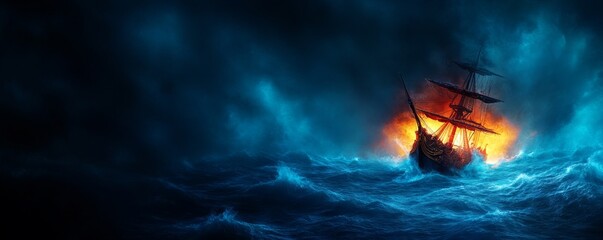 Wall Mural - a ship in the middle of a stormy sea with a fire coming out of it