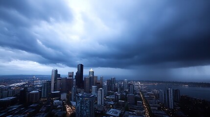 Poster - Dramatic skyline of a city with dark storm clouds looming overhead : Generative AI