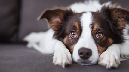 Poster - Thoughtful dog lying on a sofa with expressive eyes looking at the camera indoors : Generative AI