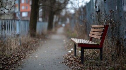 Poster - Lonely Park Bench Surrounded by Overgrown Grass and Trees Alongside a Quiet Path : Generative AI