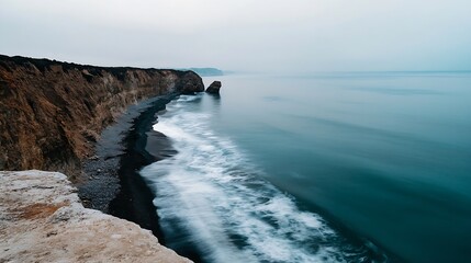 Poster - Dramatic coastal scenery featuring rocky cliffs and tranquil ocean waves on a foggy day : Generative AI