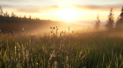 Aufkleber - Stunning Sunrise Over a Misty Field with Tall Grass and Trees in the Background : Generative AI