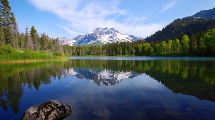 Poster - Breathtaking Mountain Reflections on Tranquil Lake Surrounded by Lush Trees : Generative AI