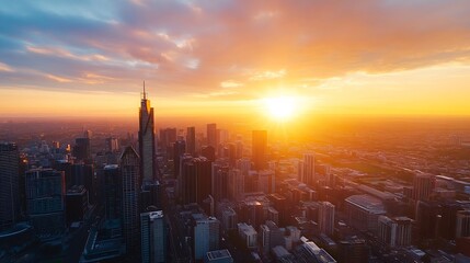 Aufkleber - Stunning aerial view of city at sunset highlighting vibrant skyline with sun rays bathing the urban landscape in gold : Generative AI