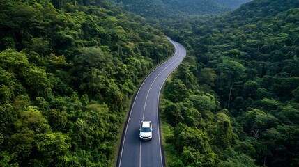 Aufkleber - Scenic Aerial View of a Car Driving Through Lush Green Forest Landscape Along a Winding Road : Generative AI
