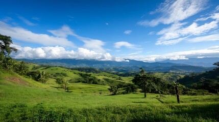 Aufkleber - Vast Green Landscape with Rolling Hills and Distant Mountains Under a Clear Blue Sky : Generative AI