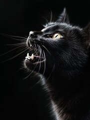 Poster - Intense closeup of a fierce black cat exhibiting primal behavior against a dark backdrop : Generative AI