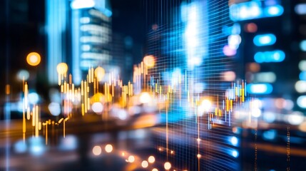 Poster - Vibrant Night Cityscape Displaying Dynamic Market Trends and Stock Movement : Generative AI