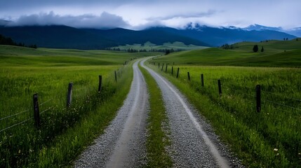 Poster - Serene countryside road with lush green fields and distant mountains under a cloudy sky : Generative AI