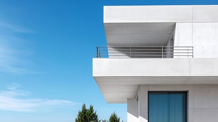 Poster - Modern minimalist architecture featuring a concrete building against a clear blue sky : Generative AI