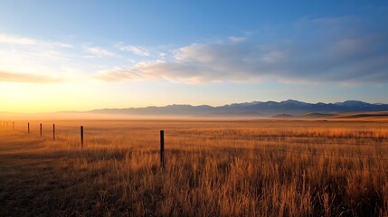 Poster - Breathtaking wide open rural landscape at sunset with golden grass fields and distant mountain range : Generative AI