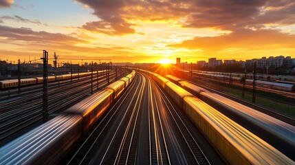 Aufkleber - Dynamic sunset over a railway with speeding trains and vibrant cloud patterns : Generative AI