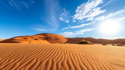 Poster - Expansive Desert Landscape with Soft Sand Dunes and Bright Blue Sky : Generative AI