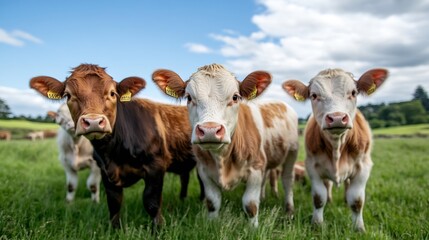 Poster - Three Playful Young Calves in a Green Pasture Surrounded by Lush Fields and Bright Sky : Generative AI