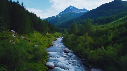 Poster - Breathtaking mountain scenery with a crystalline river flowing through a lush green valley : Generative AI