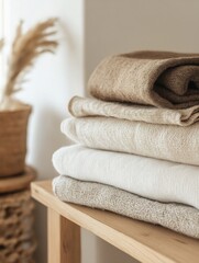 Poster - Softly folded towels in neutral colors showcasing a minimalist and cozy home interior decor style : Generative AI