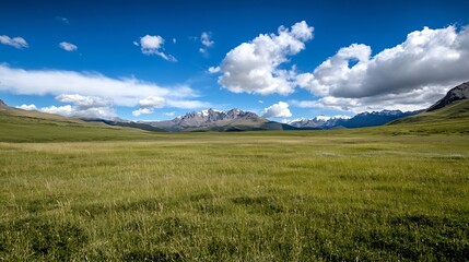 Poster - Breathtaking landscape of sprawling green fields under a bright blue sky with clouds : Generative AI