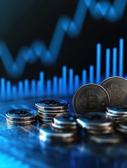 Poster - 3D coin background with a blue finance graph and investment bar, showcasing growth