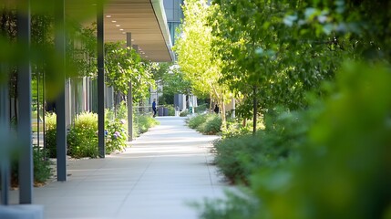 Aufkleber - Serene pathway lined with lush trees and greenery inviting leisurely strolls in a harmonious urban setting : Generative AI