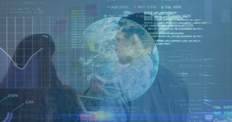 Poster - In office, business professionals analyzing global data with Earth animation on screen