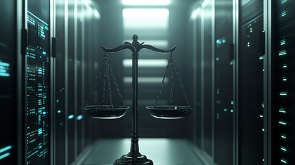 Poster - Scales of justice in a modern server room, symbolizing cybersecurity law and data protection.