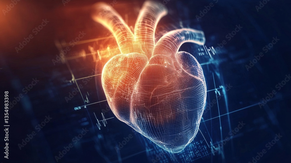 High Resolution Heart High-resolution 3D digital illustration of a human heart overlayed with ...