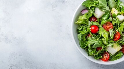 Poster - Fresh and Colorful Salad in a White Bowl on a Light Textured Surface Representing Healthy Eating : Generative AI