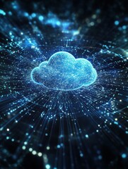 Poster - A futuristic digital concept of cloud computing, showing a glowing blue cloud icon surrounded by a network of interconnected data nodes.