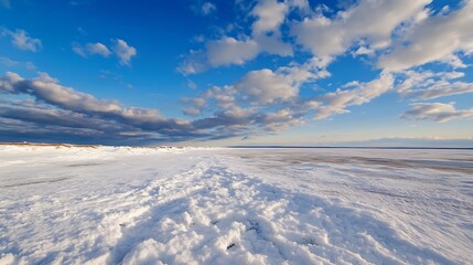 Poster - Wide snowcovered landscape with dramatic clouds reflecting the beauty of winter in a serene natural setting : Generative AI