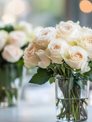 Poster - Beautiful arrangement of soft white roses in a glass vase with blurred background details : Generative AI