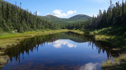 Poster - A breathtaking view of a calm lake surrounded by lush green forests and rolling hills under a bright blue sky : Generative AI