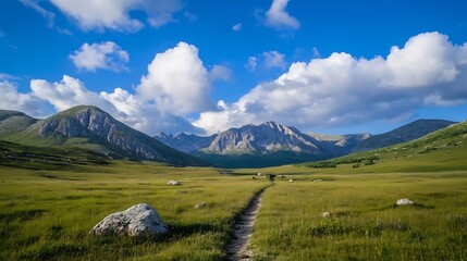 Poster - Vast landscape with rolling hills and majestic mountains under a bright blue sky : Generative AI