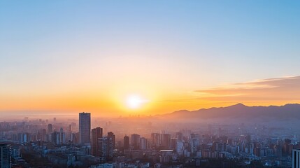 Poster - Breathtaking City Skyline at Sunset with Warm Colors Reflecting Over Urban Landscape : Generative AI