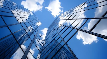Poster - Modern skyscraper buildings with reflective glass reaching towards a bright blue sky filled with fluffy clouds : Generative AI