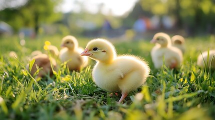 Poster - Adorable fluffy ducklings exploring a grassy field during a bright sunny day : Generative AI