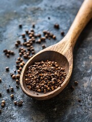 Poster - Wooden Spoon Filled with Ground Spices on Rustic Stone Surface : Generative AI