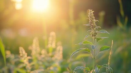 Poster - Basking sunlight illuminating delicate green plants in a tranquil outdoor setting at sunset : Generative AI