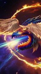 Wall Mural - vertical 9:16 A colossal phoenix, made entirely of pure cosmic fire, emerges from the core of a supernova. Its wings stretch across light-years, leaving behind trails of molten stardust