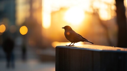 Aufkleber - Silhouette of a bird perched on a ledge during a stunning sunset with warm glowing light : Generative AI