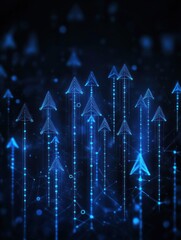 Poster - Diagonal stream of growth Up arrows in blue futuristic style on dark technology background with glowing dots or stars. Low poly wireframe high-speed arrows that are flying up