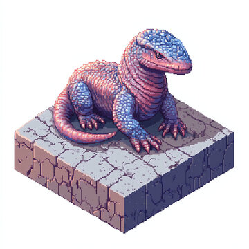 Lizard Pixel Art Resting on Stone Platform Isometric View