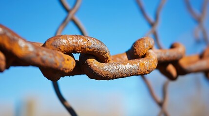 Poster - Close up of rusty chain links against a blue sky showcasing texture and color : Generative AI