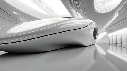 Poster - Futuristic Design: Explore the clean lines and innovative form of a futuristic vehicle, set within a modern architectural space. A study in contrasts, where sleek design meets architectural elegance.