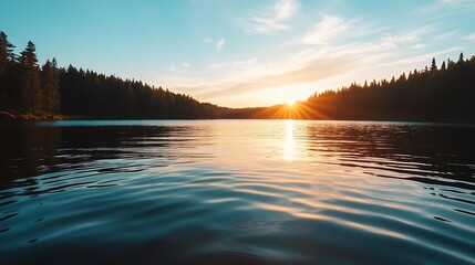 Poster - Sunset Reflected on Calm Water Surrounded by Forests Creating a Serene Nature Experience : Generative AI