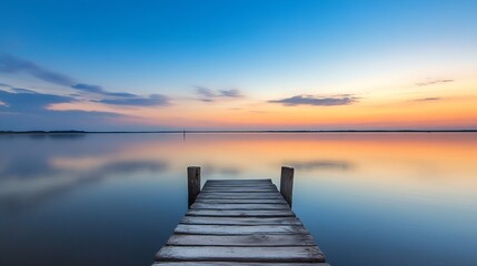 Aufkleber - Stunning Sunset Over Water with a Wooden Pier Extending into the Horizon : Generative AI